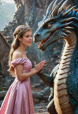as a princess petting a dragon, fairytale vibes, blurred background, full-body shot