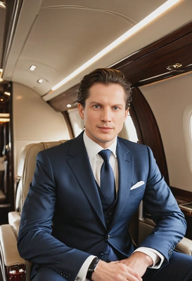 in a tailored suit, sitting inside a private jet cabin, blurred background, soft focus