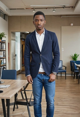 as a young entrepreneur in a casual blazer and jeans, standing in a co-working space, full body  