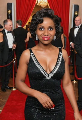 dressed as a glamorous movie star, walking into an old Hollywood-themed party, with a red carpet, half body portrait 