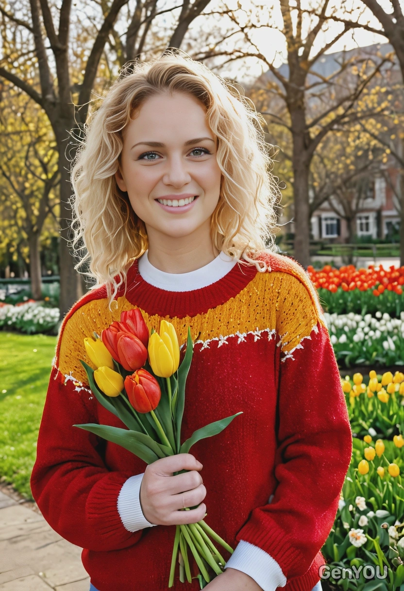 sharp skin texture details, mid-body photo, closed soft smile, fizzy hair, in a red sweater, holding a bouquet red and yellow tulips, standing in a spring park, golden hour