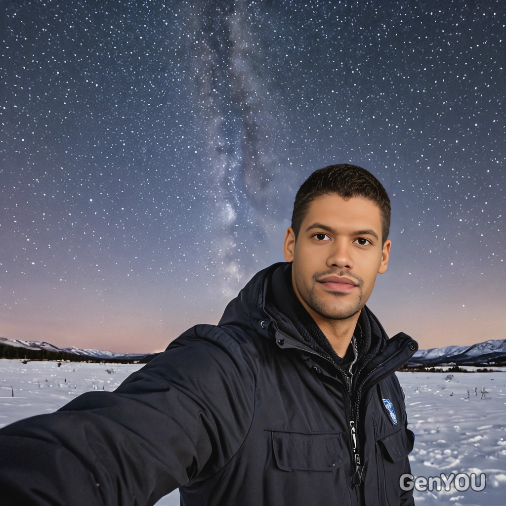 mid-shot, standing outside, starry sky over a snowy landscape, looking at viewer 