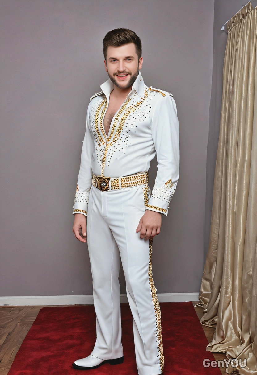 Dressed as Elvis Presley at a costume party, pompadour hairstyle, full-body image, party surroundings, background lights