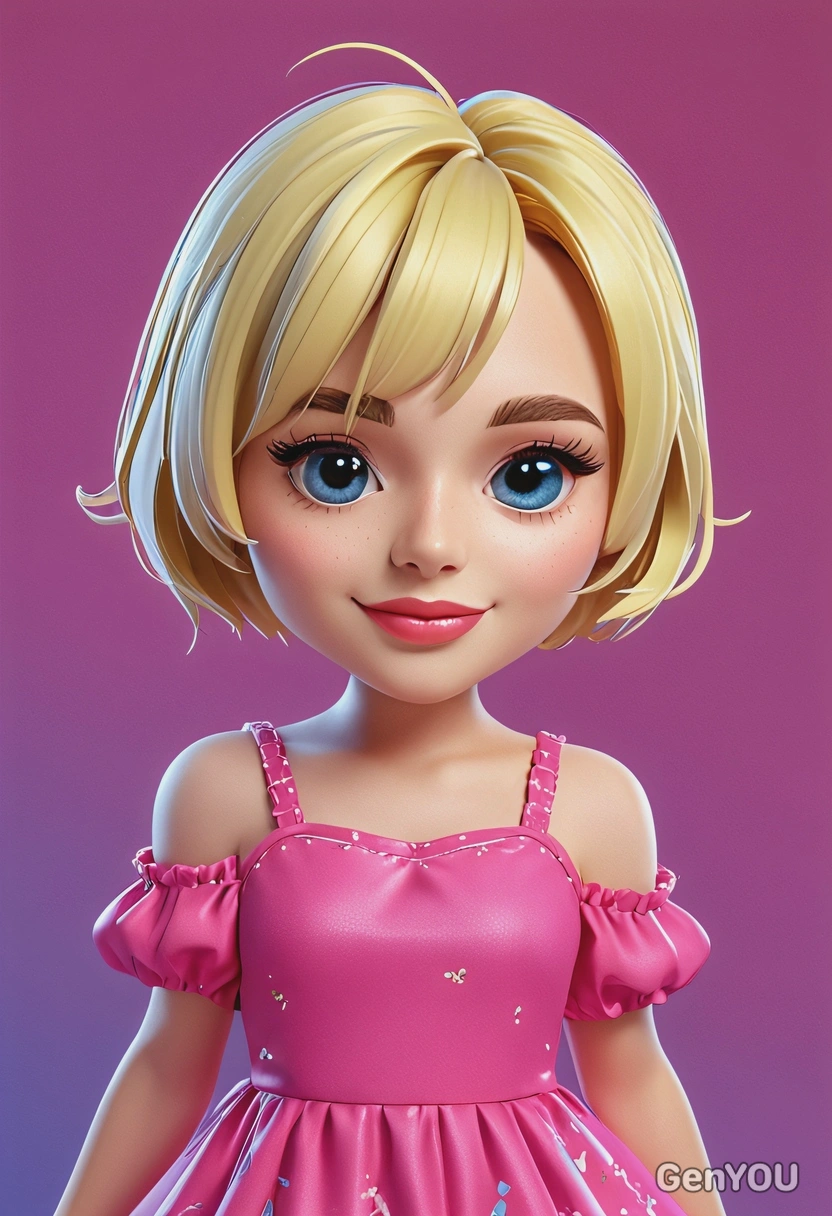 Chibi 3D cartoon style, petite girl with short blond hair and oversized glossy eyes, wearing a bright pink dress with simple stitching details, joyful pose, vibrant blue background, close-up portrait