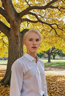 standing under a large oak tree, with golden leaves swirling around
