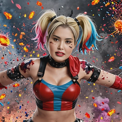 Harley Quinn, surrounded by colorful explosions