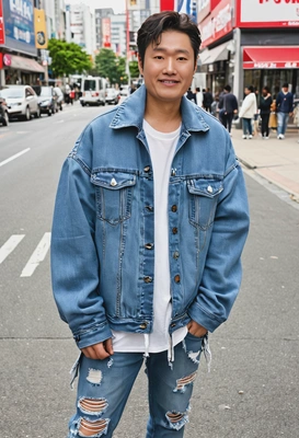 as a K-pop street fashion fan, wearing a trendy oversized jacket and ripped jeans, posing in a bustling city street 