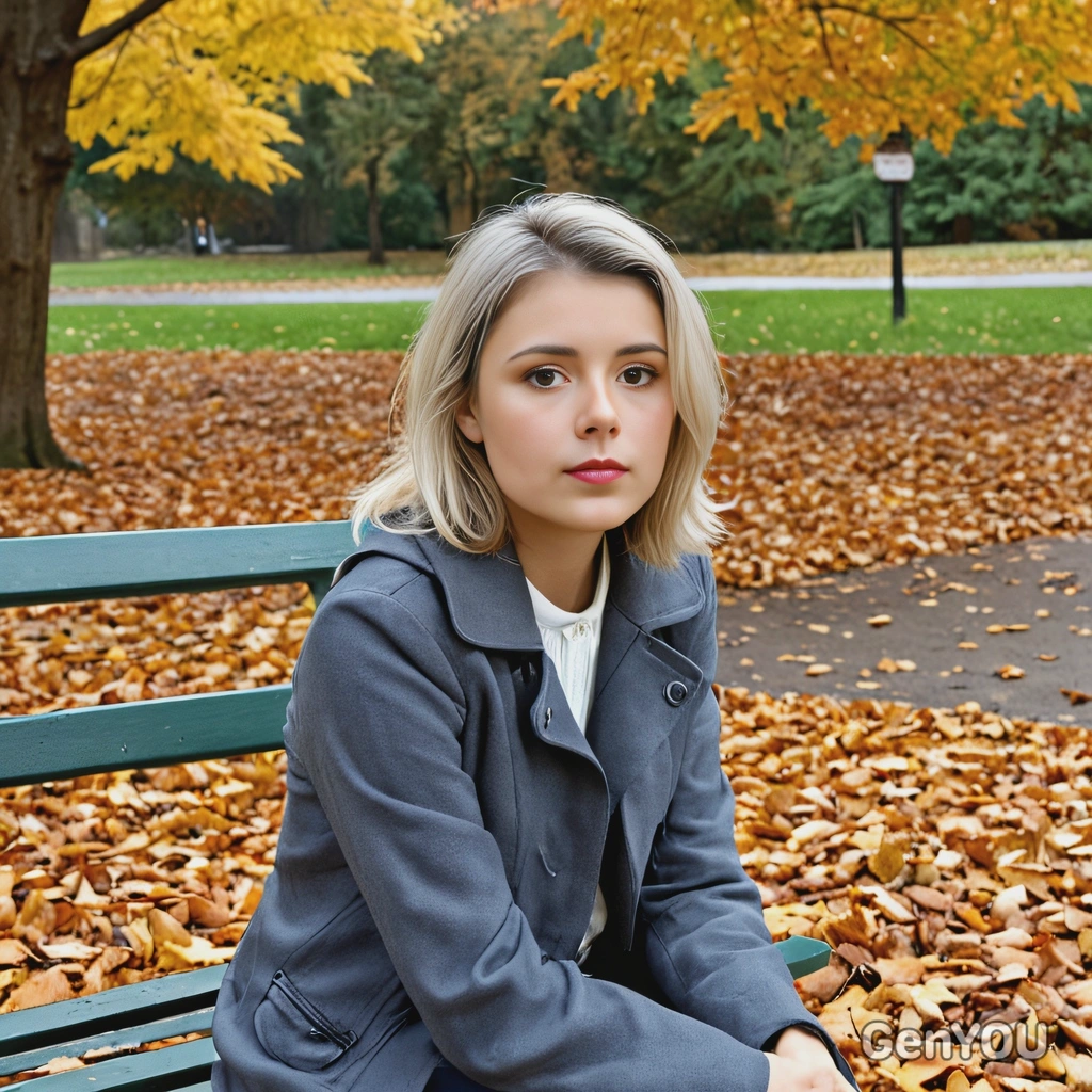 sitting on a park bench, fall leaves on the background 