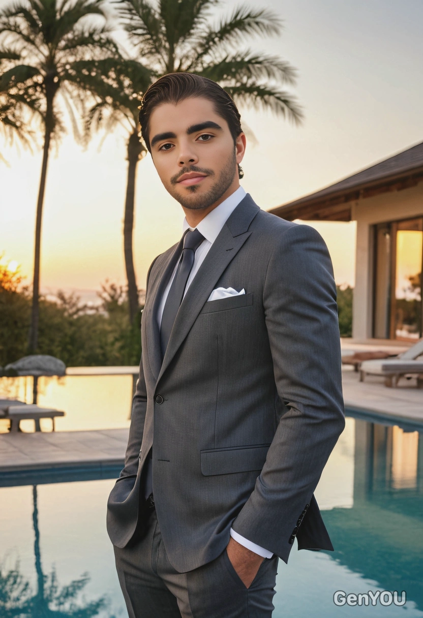 n a tailored suit, standing by the pool of a modern villa with the sunset reflecting on the water, blurred background, soft focus