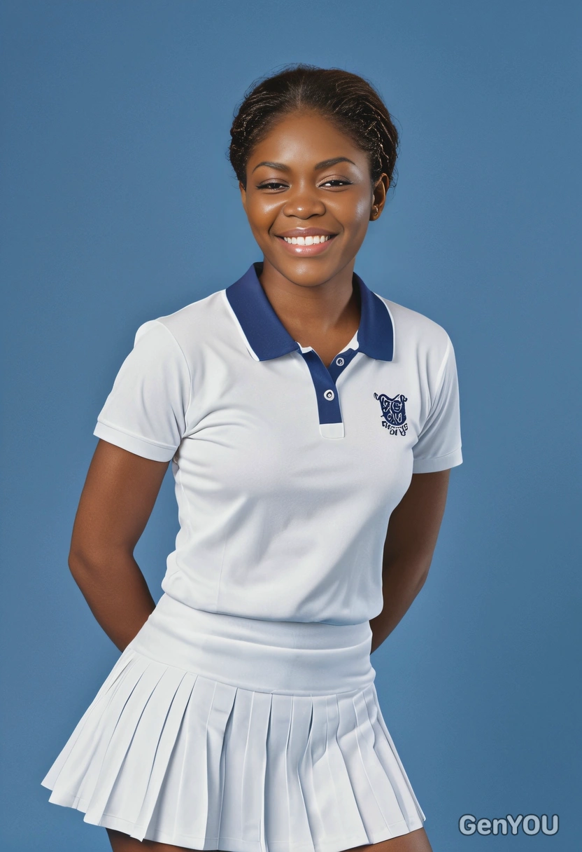 as a 90s tennis player in a white polo and skirt, yearbook shot, blue backdrop, cinematographic style, professional filming, smiling 