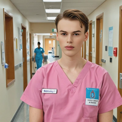 as a nurse in scrubs, standing in hospital hallway, half body