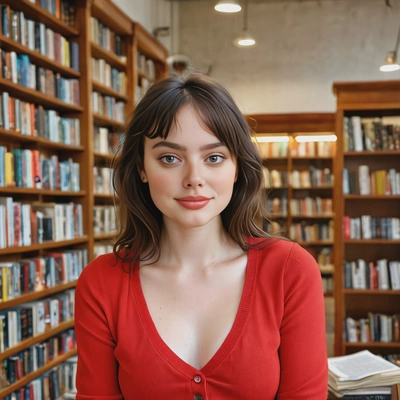 in a cozy bookstore, wearing a red blouse soft focus, blurred background, looking at viewer, midday indoor lighting, sharp skin texture