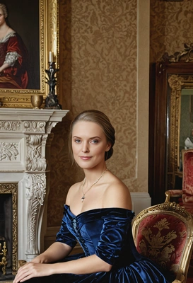 a noblewoman in a velvet gown, sitting by a grand fireplace in a royal parlor