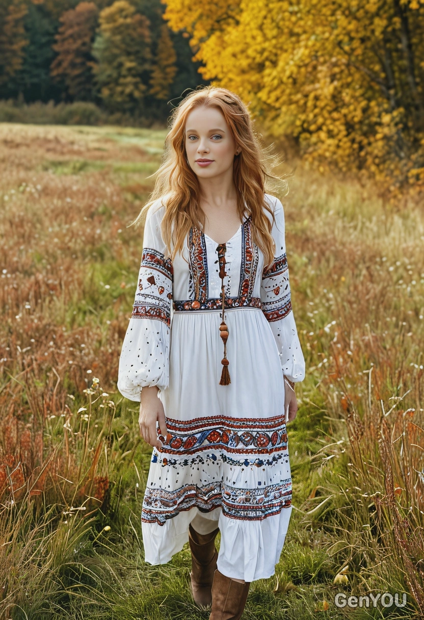 wearing a boho-style dress, walking through autumn meadow
