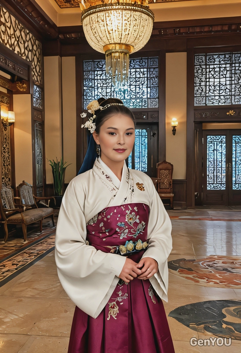 as Jang Man-wol from Hotel Del Luna, wearing a flowing traditional hanbok, standing in an ornate and eerie hotel lobby filled with chandeliers