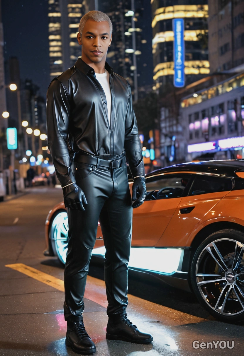 standing near a sleek glowing hovercar, tight leather pants, unbuttoned shirt, night city, glowing gloves, blurred background, futuristic 