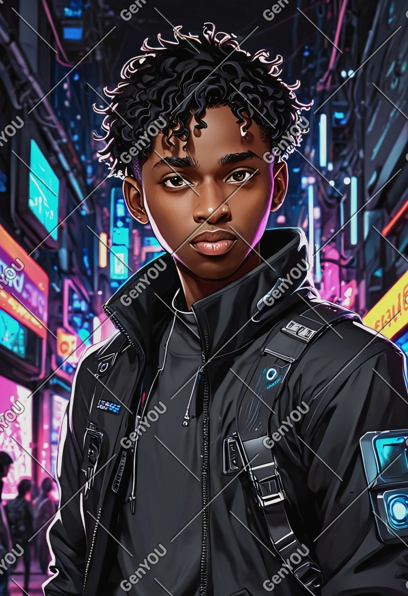 in a futuristic setting with high-tech gadgets and neon lights, anime style, big eyes, manga drawing