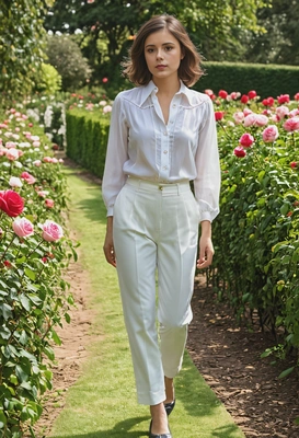 as a woman, walking through a private rose garden in the estate grounds, wearing a classic white blouse and high-waisted trousers, with her hair elegantly styled