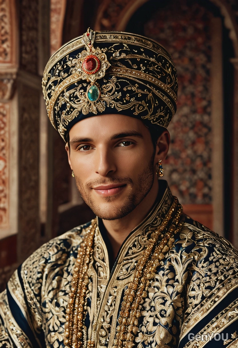 hyperralistic face skin texture details, A regal Mughal emperor in richly embroidered robe, jewel-encrusted turban, heavy rings, sitting in a marble palace with arches, blurry  background, bright lights, long shadows