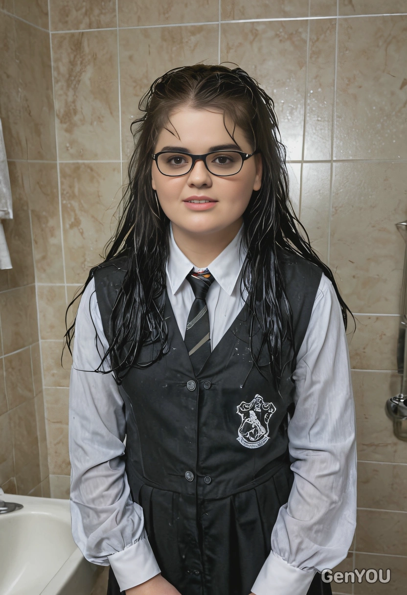 as Moaning Myrtle from Harry Potter, wearing a ghostly Hogwarts uniform with wet hair and a sad expression, standing in the dimly lit, misty bathroom
