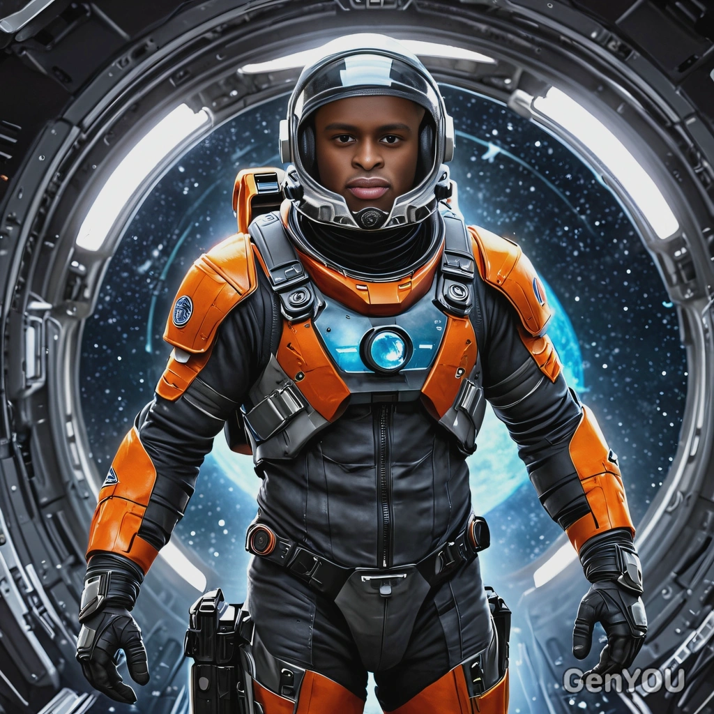 as a space pilot in a futuristic flight suit, flying a starship, stars and asteroids in illuminators, vivid colors, symmetrical clothing details, cartoon style, high-quality stylized art