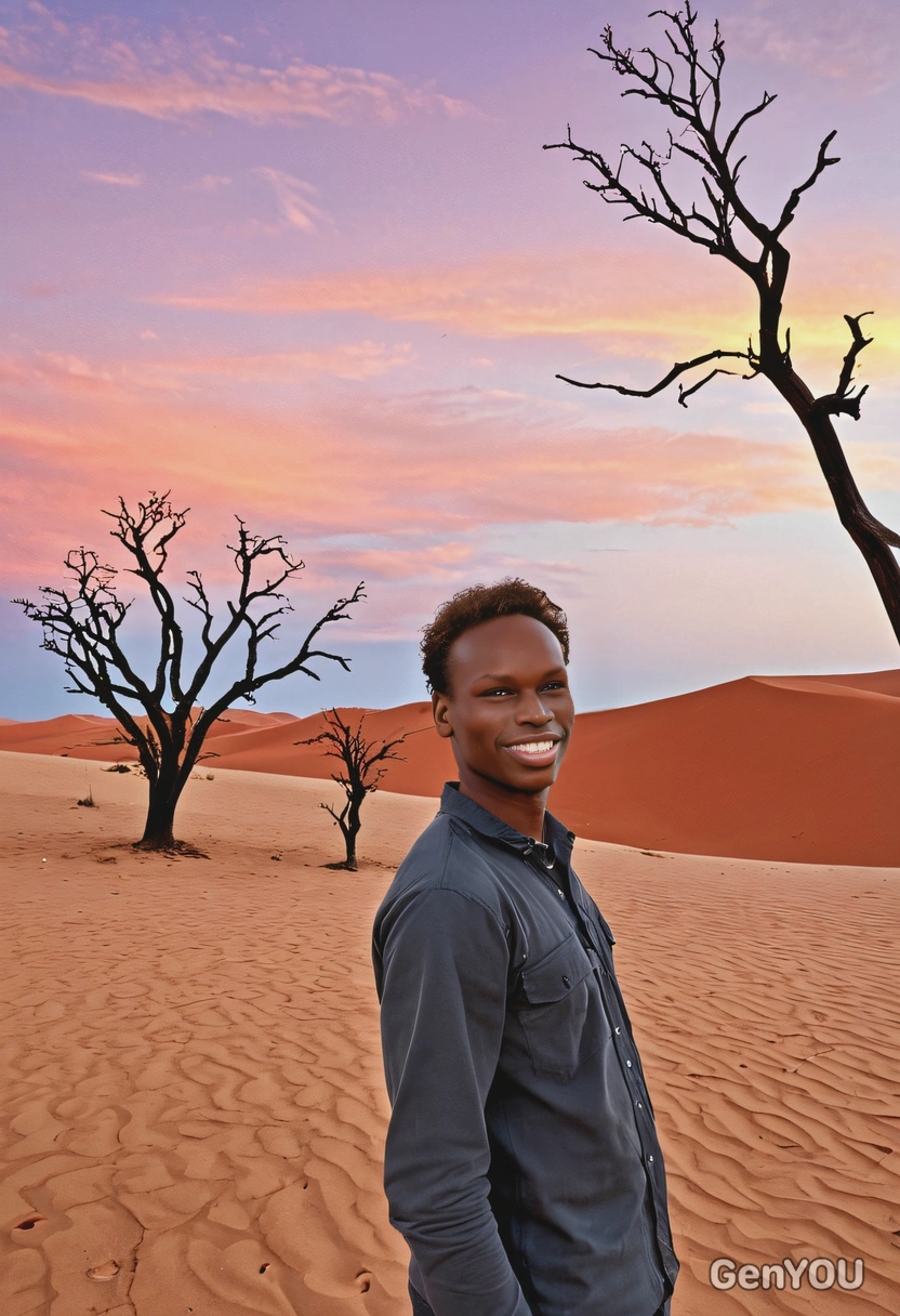 As a tourist, exploring the red sand dunes and skeletal trees at Namib Desert, sunset, confident 