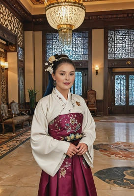 as Jang Man-wol from Hotel Del Luna, wearing a flowing traditional hanbok, standing in an ornate and eerie hotel lobby filled with chandeliers