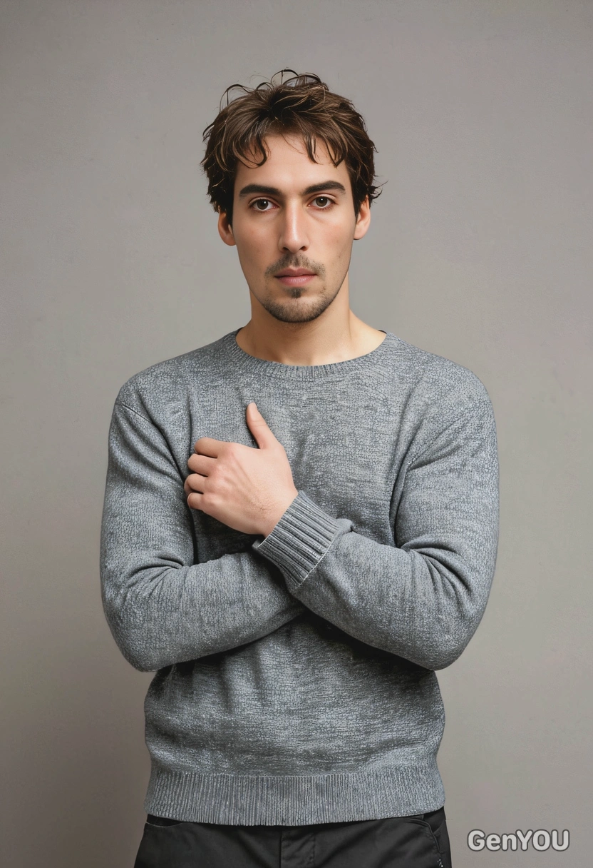 standing against a plain background, hands with fingers loosely intertwined together at waist level, pose is relaxed, neutral and natural demeanor, short hair, centered image