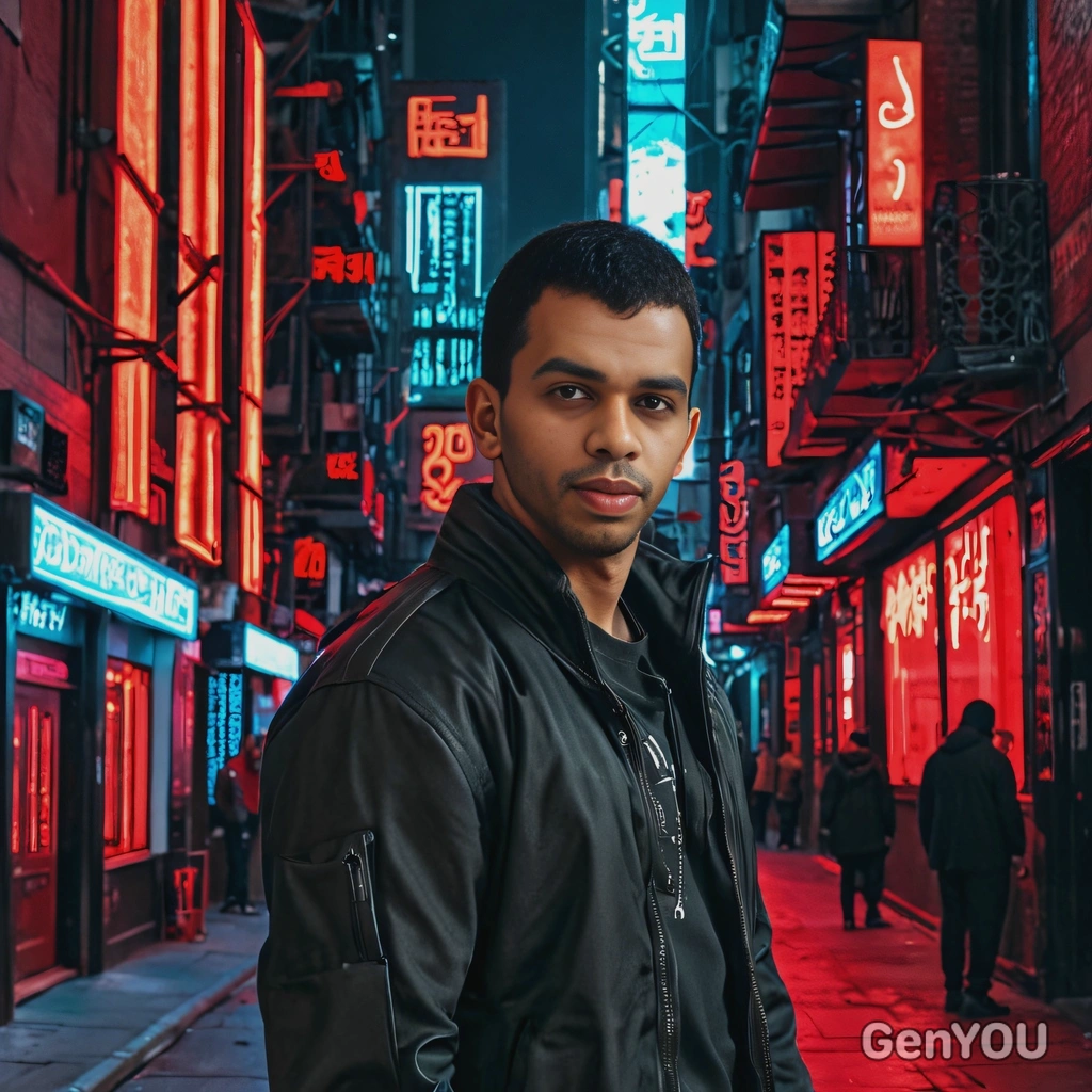 standing in the red light district of a cyberpunk city