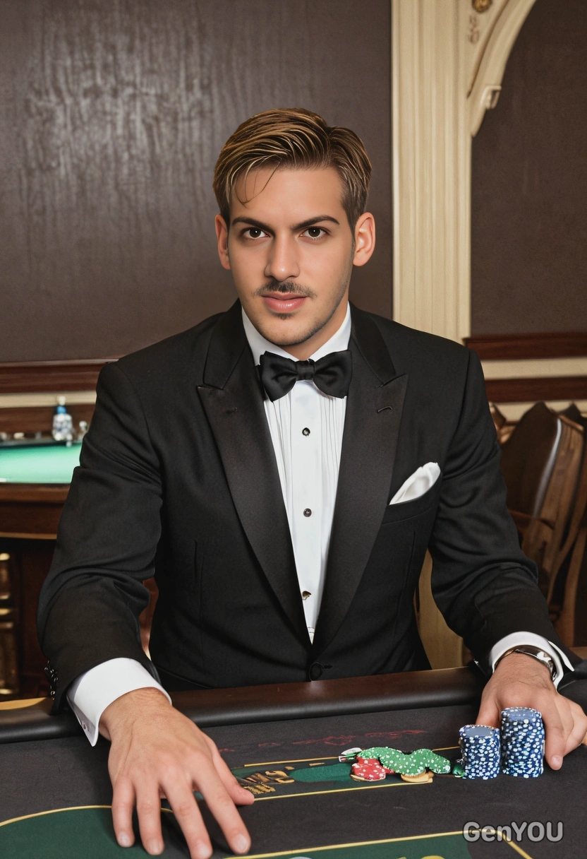 as James Bond  from Casino Royale, in a tuxedo, at a high-stakes poker table