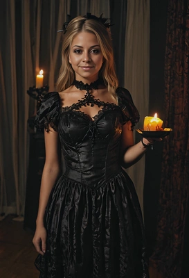 in a spooky dress at a Halloween party, dim candle lighting, Halloween aesthetics, high-quality shot, soft shadows