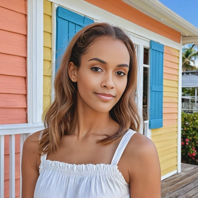 close-up, with a half-up, half-down hairstyle, in a simple cotton sundress, against the colorful façade of a beach house