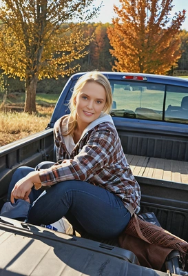 sitting on the back of a pickup truck, enjoying a crisp autumn morning in the countryside