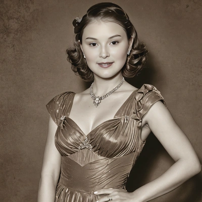 posed in a classic 1940s Hollywood starlet pose, wearing a glamorous evening gown, with a sepia effect