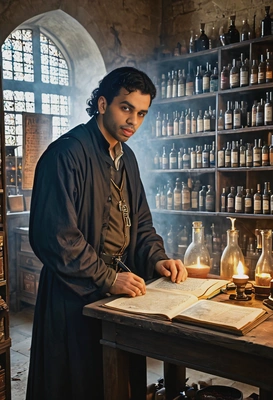 A medieval alchemist, surrounded by bubbling potions and ancient manuscripts in a dimly lit laboratory