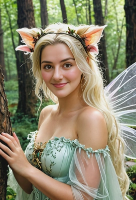 as a magical fairy creature with blond hair in a mystical forest
