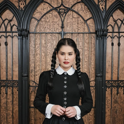 dressed as Wednesday Addams from The Addams Family, standing in front of a gothic backdrop