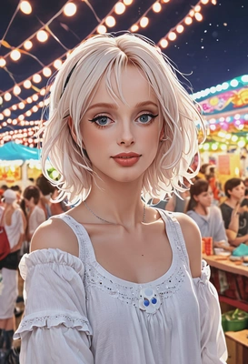 enjoying a summer festival, with vibrant festival lights and food stalls, anime style, big eyes, manga drawing
