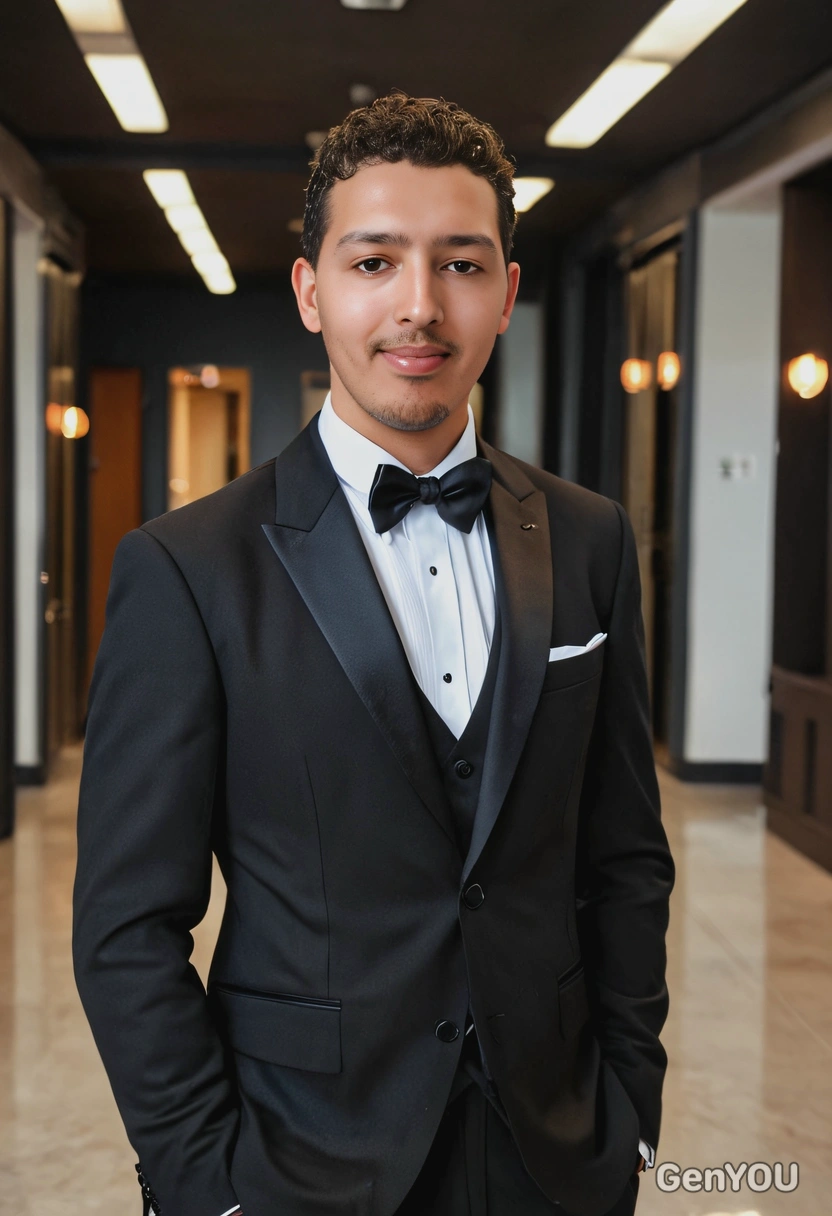 in a black tuxedo, seductive gaze, professional indoor lighting, blurry business hall background, sharp high-quality image, soft shadows, eyes on you, flirty smile