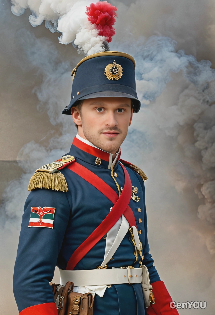 wearing a Napoleonic-era soldier’s uniform, the smoke of battle rising behind him