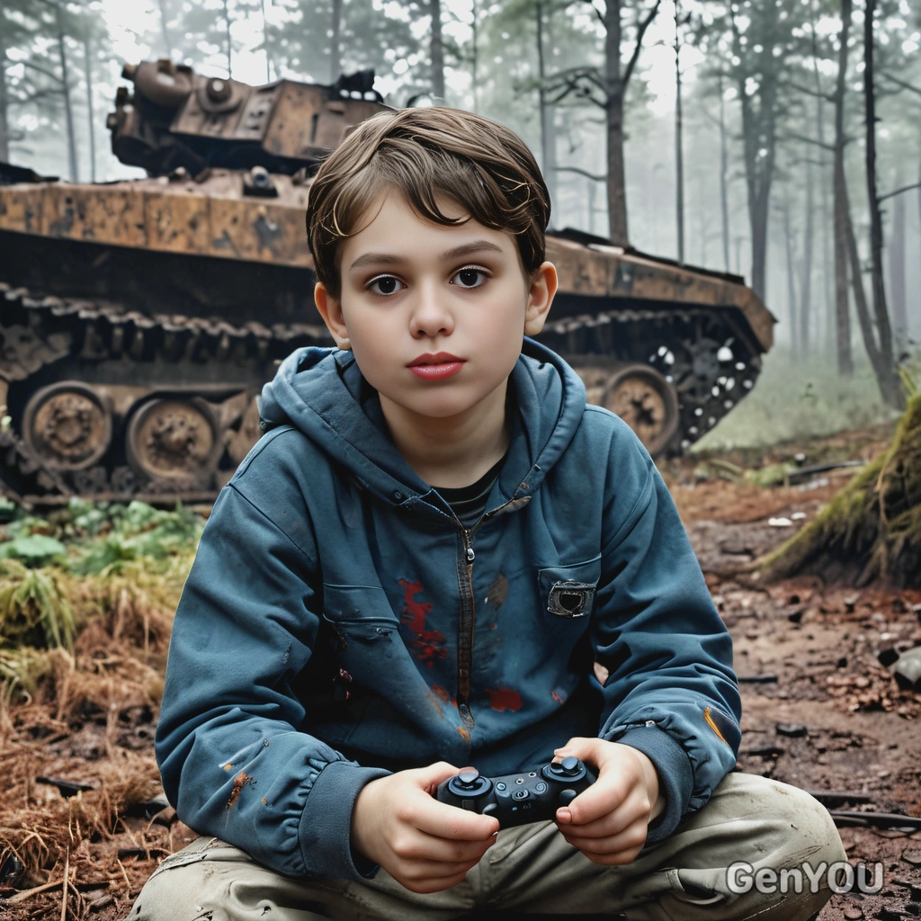 as a child, in torn dirty clothes, holding a game controller in hands, sitting before a rusty old military tank, in a scary foggy dark forest, cyberpunk