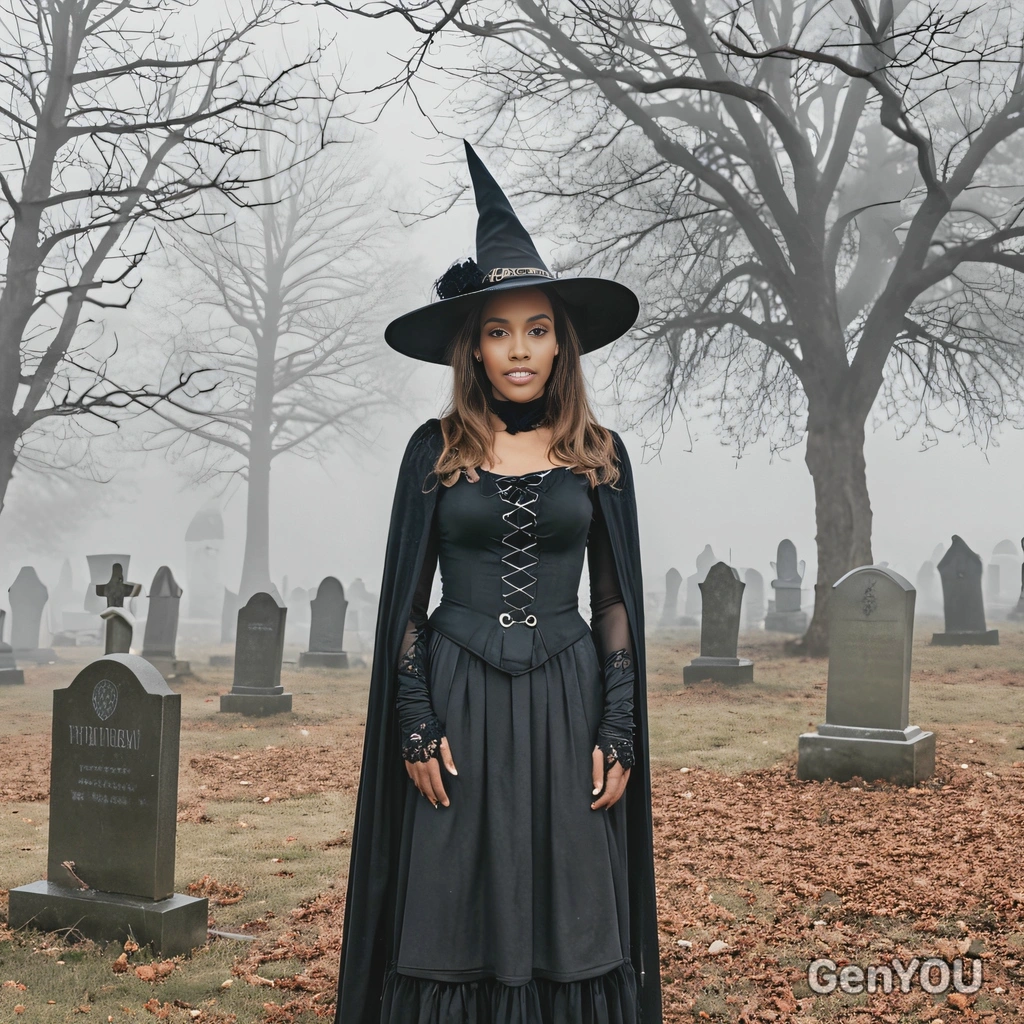 dressed as a witch, standing in front of a foggy graveyard