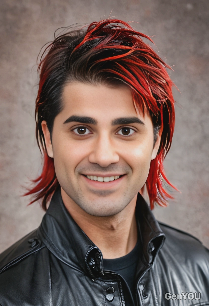 modern mullet with textured layers and fiery red streaks, soft focus, blurred background