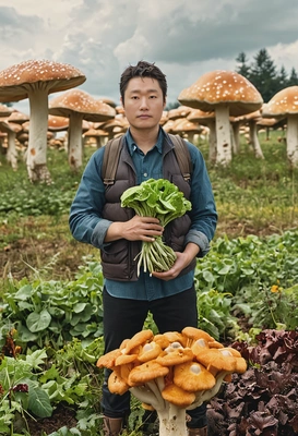 standing in a field of giant mushrooms, holding a salad as if it’s a bouquet, blurred background, cinematographic style