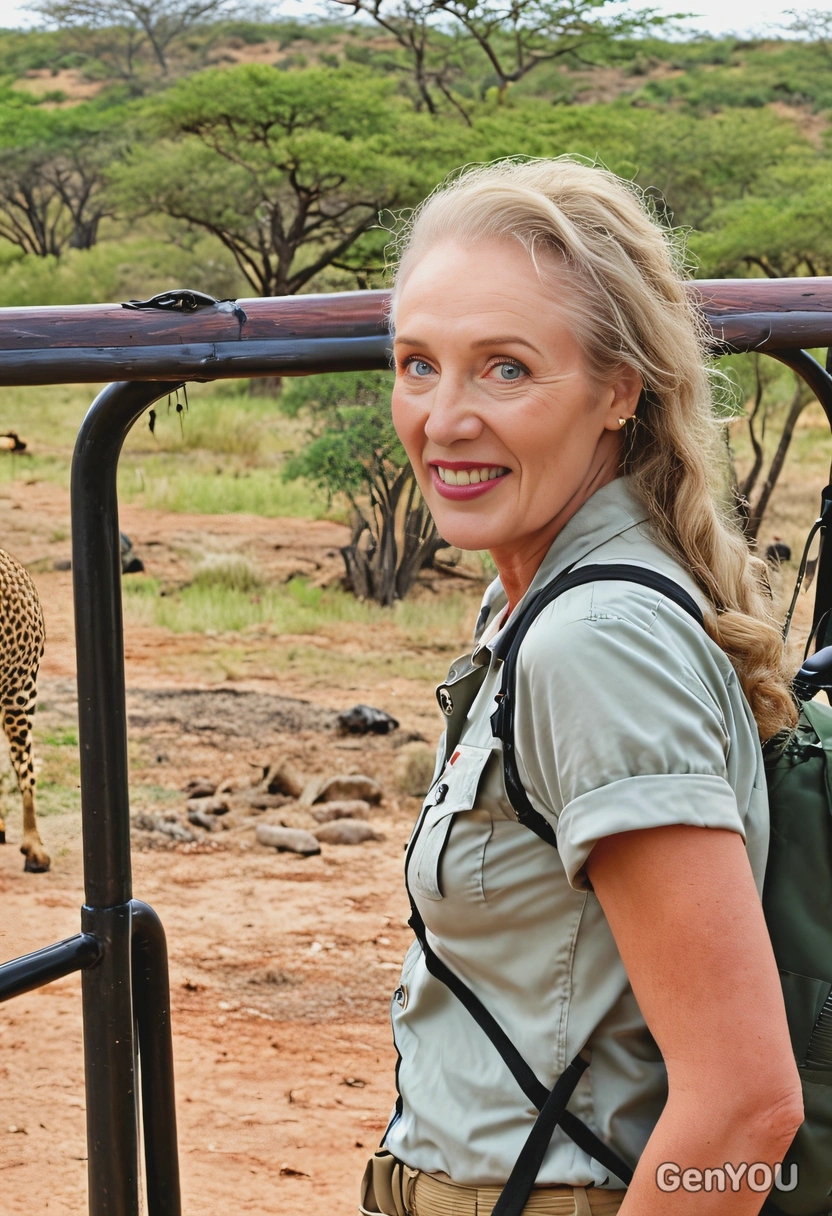 as a tourist observing wildlife through on an African safari, half body view 