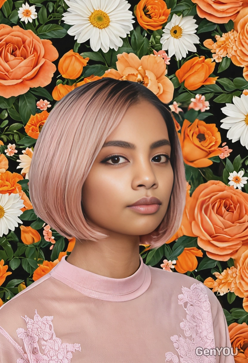 chin-length bob dyed in pastel rose gold with soft orange undertones, styled with blunt ends, set against a vibrant floral background