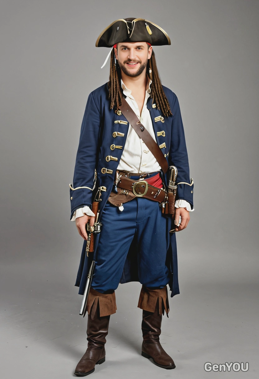 dressed as captain Jack Sparrow with a musket, at costume party, full body image, party background