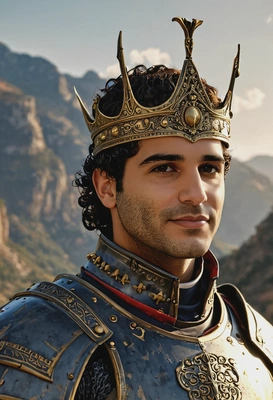 dark fantasy aesthetics, cinematic quality colors, realistic skin texture, hyperrealistic textured face skin, sharp high-quality, sharp focus on the face, profile view, medieval king, wearing a royal armor, in the battle field with blurry castle  on the mountain on the background, in the golden hour, huge sun the sky, long shadows, sun shines beautifully from aside and rays reflects on the armor