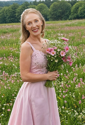 as a woman in a soft pink gown, standing in a flower-filled meadow, with a gentle smile and eyes closed, holding a bouquet of wildflowers