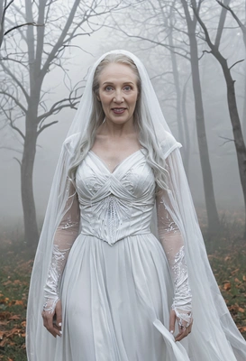 dressed as a spooky ghost in a flowing white gown, with ethereal makeup and a misty fog swirling around